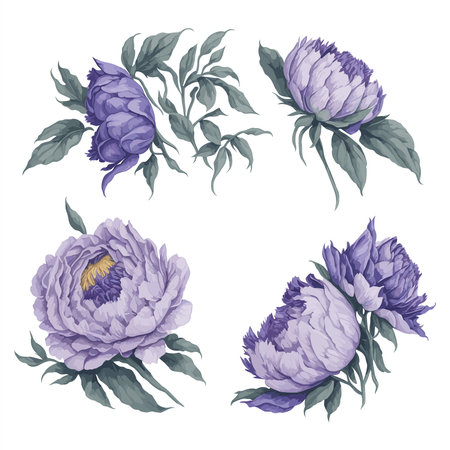 Peonies Purple Lavender Watercolor Flower Arrangement Collection.のイラスト素材
