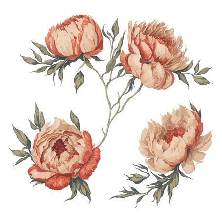 Peonies Red Gold Watercolor Flower Arrangement Collection.のイラスト素材