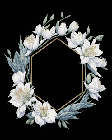 Flower Frame Hexagon of Flower Lilies White for Wedding Invitation Ornament.のイラスト素材