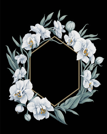 Flower Frame Hexagon of Flower Orchids White for Wedding Invitation Ornament.のイラスト素材