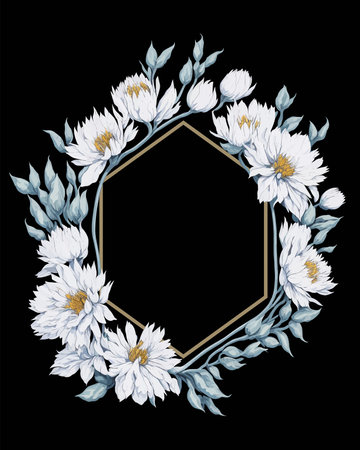 Flower Frame Hexagon of Flower Asters White for Wedding Invitation Ornament.のイラスト素材