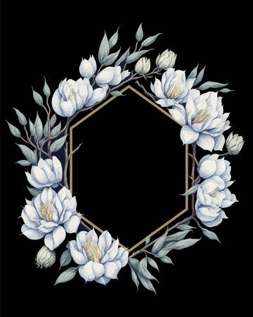Flower Frame Hexagon of Flower Magnolia White for Wedding Invitation Ornament.のイラスト素材