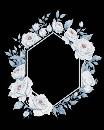 Flower Frame Hexagon of Flower Roses White for Wedding Invitation Ornament.のイラスト素材