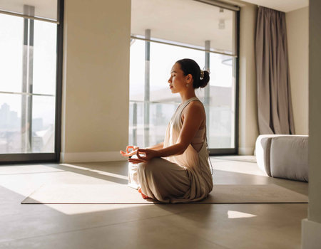 Young woman practicing yoga at home, sitting in lotus position and meditating.の素材
