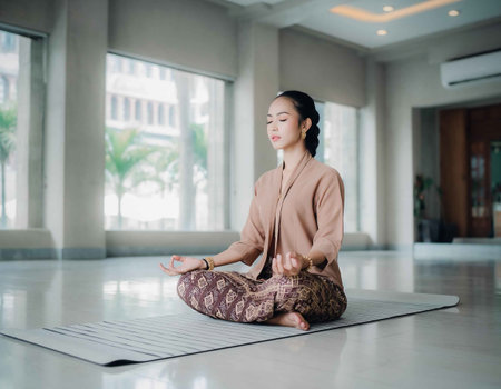 Young asian woman meditating in lotus position on yoga matの素材