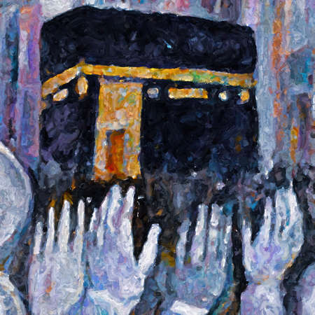 Kaaba painting, Masjid al haram, Hajj painting, Islamic painting, Man infront of Kaaba painting, Kaaba oil painting, Islamic oil painting, Wall Art tableau Decoration.の写真素材