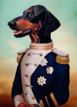 oil painting of Prince Dog background, Renaissance Dog portrait of a general, Lord, admiral, Emperor, commodore. Custom Funny Pet Portrait, Vintage Memorial, canvas, luxury Wall Art tableau Decorationの写真素材