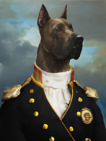 oil painting of Prince Dog background, Renaissance Dog portrait of a general, Lord, admiral, Emperor, commodore. Custom Funny Pet Portrait, Vintage Memorial, canvas, luxury Wall Art tableau Decorationの写真素材