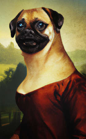 oil painting of Mona Lisa Dog background Spoof, Renaissance Dog portrait of a woman. Custom Funny Pet Portrait, Vintage Memorial, canvas, luxury Wall Art tableau Decorationの写真素材