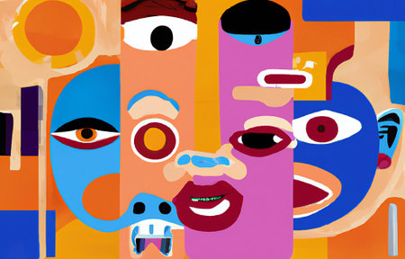 colorful background with different faces. Modern fashionable poster. Abstract art with female faces made of geometric shapes. Stylish picture for home decoration and printing. Cartoon flat illustration isolated on pink backgroundの写真素材