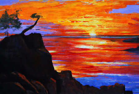 beautiful view of the mountains, landscape painting of a Scenery River Cliffs with Tree on Top of Mountain Cliff under Red Sunset Sky reflected on the water.の写真素材