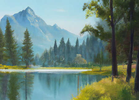beautiful landscape with lake and mountains, Mountain landscape Original modern oil painting - Beautiful lake in mountains - contemporary fine art illustrationの写真素材