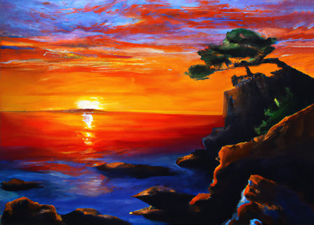 beautiful sunset over the sea, landscape painting of a Scenery River Cliffs with Tree on Top of Mountain Cliff under Red Sunset Sky reflected on the water.の写真素材