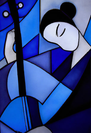 Abstract cubist painting of a woman playing guitar with blue color to represent serenity and calm.の写真素材