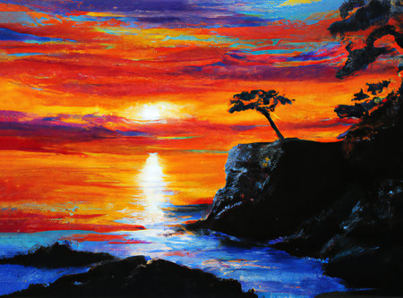 beautiful landscape with a river and a lake, landscape painting of a Scenery River Cliffs with Tree on Top of Mountain Cliff under Red Sunset Sky reflected on the water.の写真素材