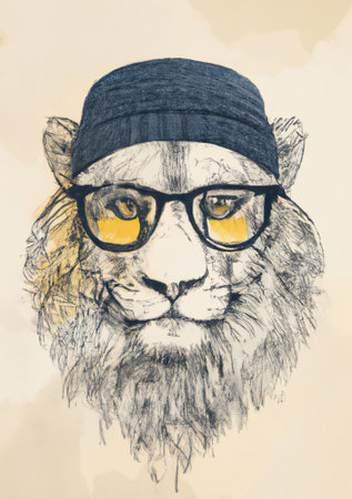 Abstract painting of a hand-drawn yellow-eyed lion head wearing eyeglasses and a hat looking in a serious way with a mane and calm yellow background.の写真素材