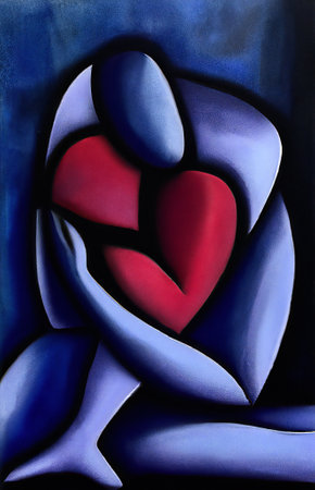 heart shaped red hearts on a black background, abstract Cubist artwork of a lonely man laying on his leg with a broken heart.の写真素材