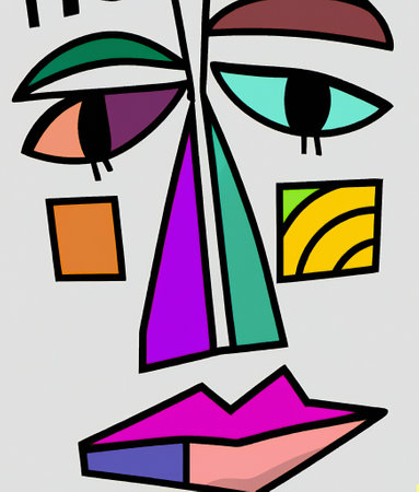 illustration of a background for a beautiful summer day, Abstract painting of face showing one eye and mouth with three colored thick brush lines on the rest of the face.の写真素材