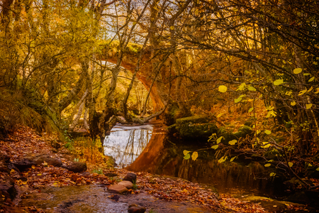 Fall landscape magic bridge in Aguilar de Campooの写真素材