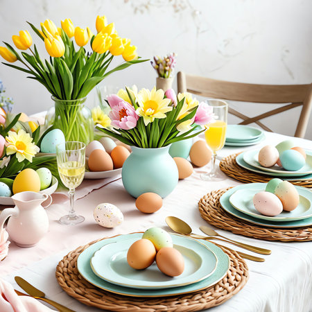 Easter table setting with yellow tulips, eggs and crockeryの素材