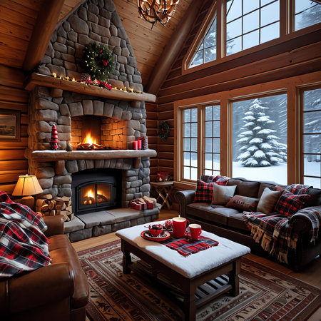 3D rendering of a cozy chalet with fireplace and Christmas decorationsの素材