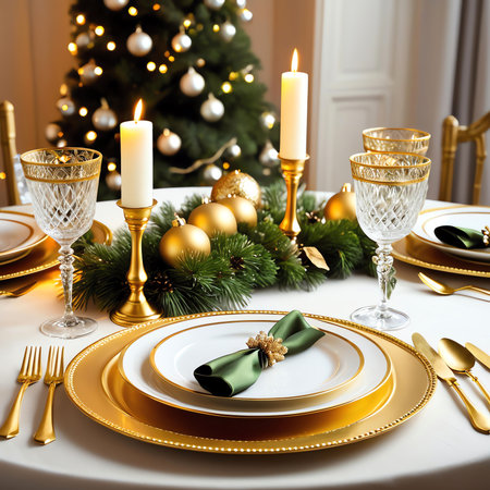 Festive Christmas table setting with golden plates, cutlery and candlesの素材