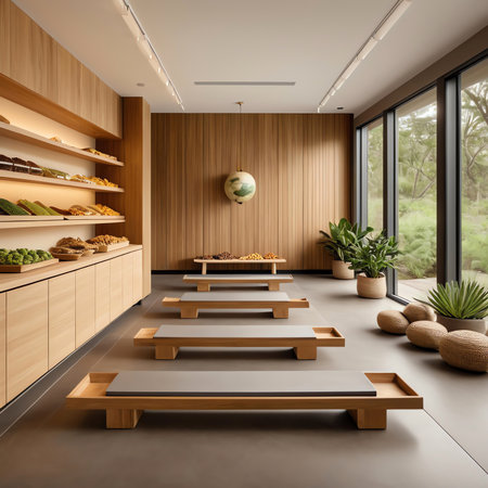 Interior of modern coffee shop with wooden walls, concrete floor, wooden countertops and wooden cupboards. 3d renderingの素材