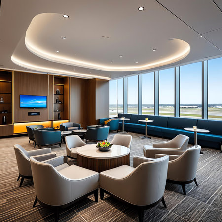 Interior of a hotel lobby with a view of the airport terminalの素材