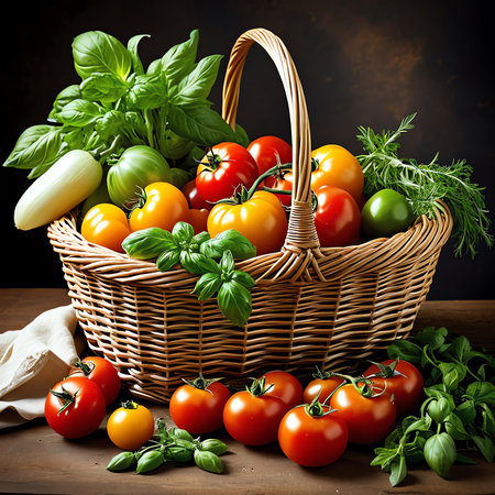 Wicker basket with variety of fresh organic tomatoes and basil on wooden tableの素材