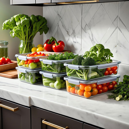 Plastic containers with fresh vegetablesle countertop in modern kitchenの素材
