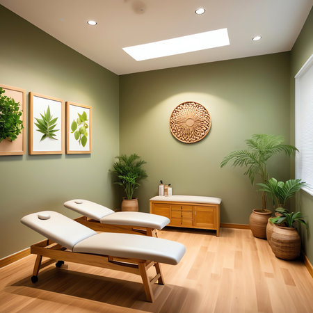 Spa massage room interior with wooden table and chairs. 3d renderの素材