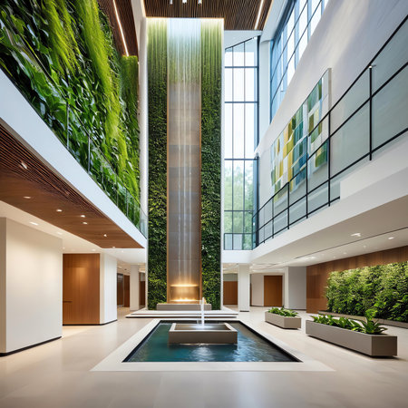 Modern hotel lobby interior with swimming pool and green plants. 3d renderingの素材