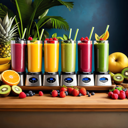 Fruit smoothies on a wooden background. 3d rendering.の素材
