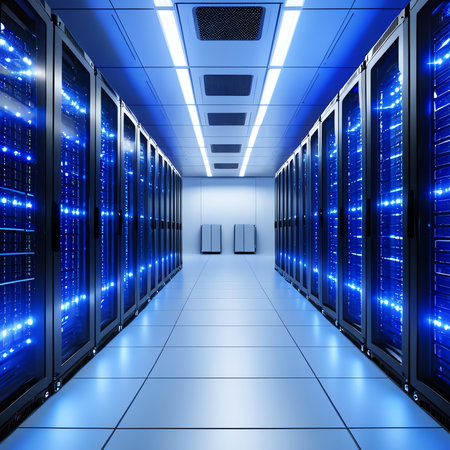 Server room with blue lights. 3D rendering. Computer digital image.の素材