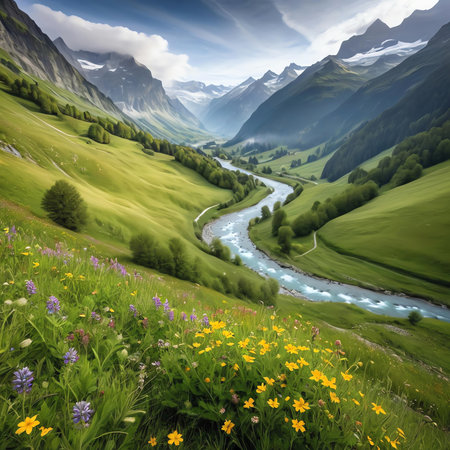 Beautiful spring alpine landscape with river and wildflowers.の素材