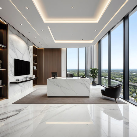 3d rendering luxury hotel reception hall with white marble and glass wallの素材