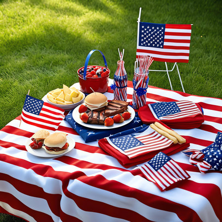 Patriotic picnic in the park with american flag and foodの素材
