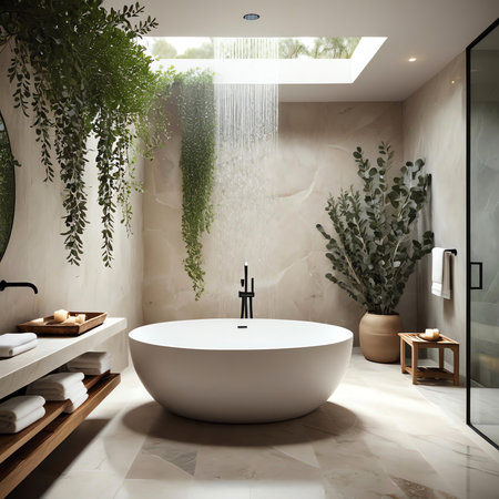 Bathroom interior with bathtub, towels and plants. 3d renderの素材