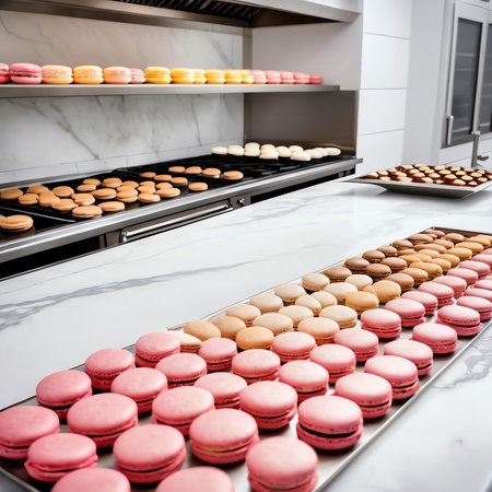 Row of macaroons on a conveyor belt in a bakeryの素材