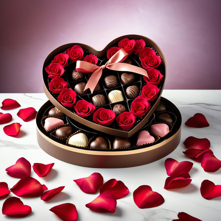 Heart-shaped box of chocolates and red rose petalsの素材