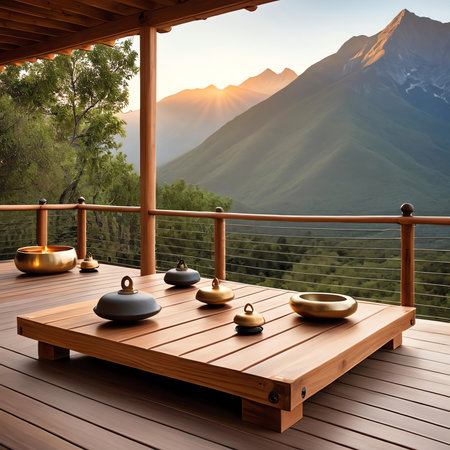 Wooden terrace with a view of the mountains and the sunの素材