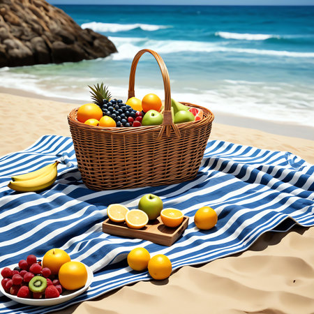 Picnic basket with fruits on the beach. Summer vacation concept.の素材