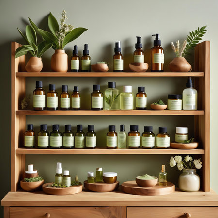 Beautiful spa composition on wooden shelf. 3d render illustration.の素材
