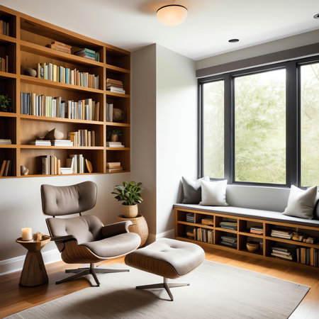 Interior of modern living room with bookshelves and armchairsの素材