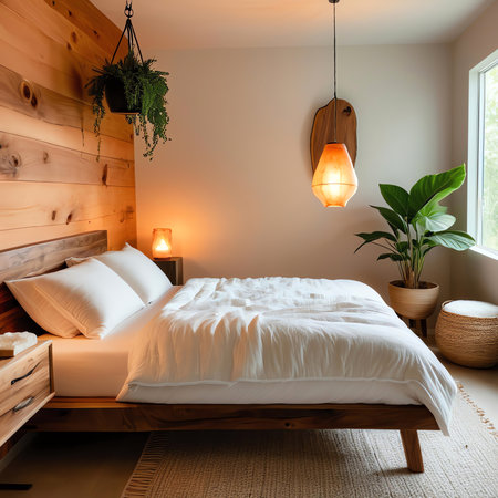 Interior of a modern bedroom with wooden bed and lamp. Nobody insideの素材