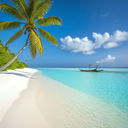 tropical beach in Maldives with few palm trees and blue lagoonの素材