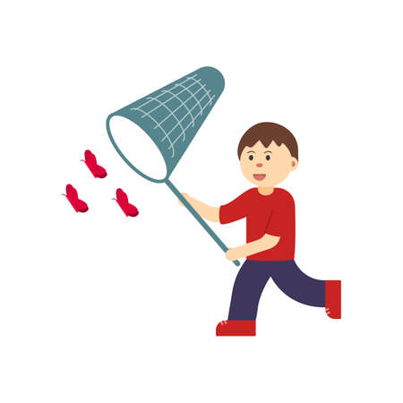 Children Boy Male Run and Catch Butterfly with Net illustrationのイラスト素材