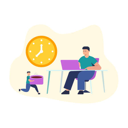 Morning working human people with coffee deadline stress flat style illustrationのイラスト素材