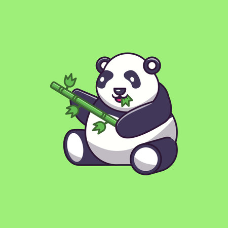 Cute fat panda or baby panda eating leaves nature sitting Icon, and illustrationのイラスト素材