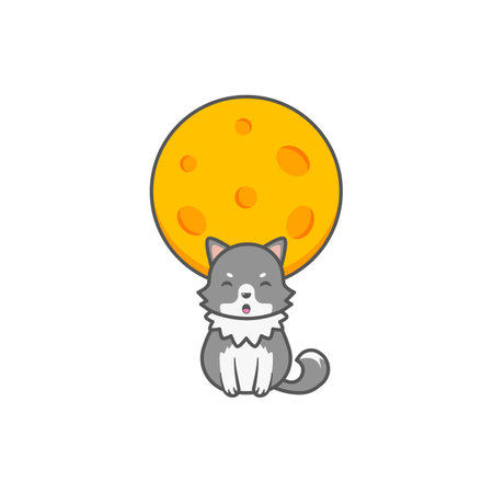 Cute wolf with the moon illustrationのイラスト素材